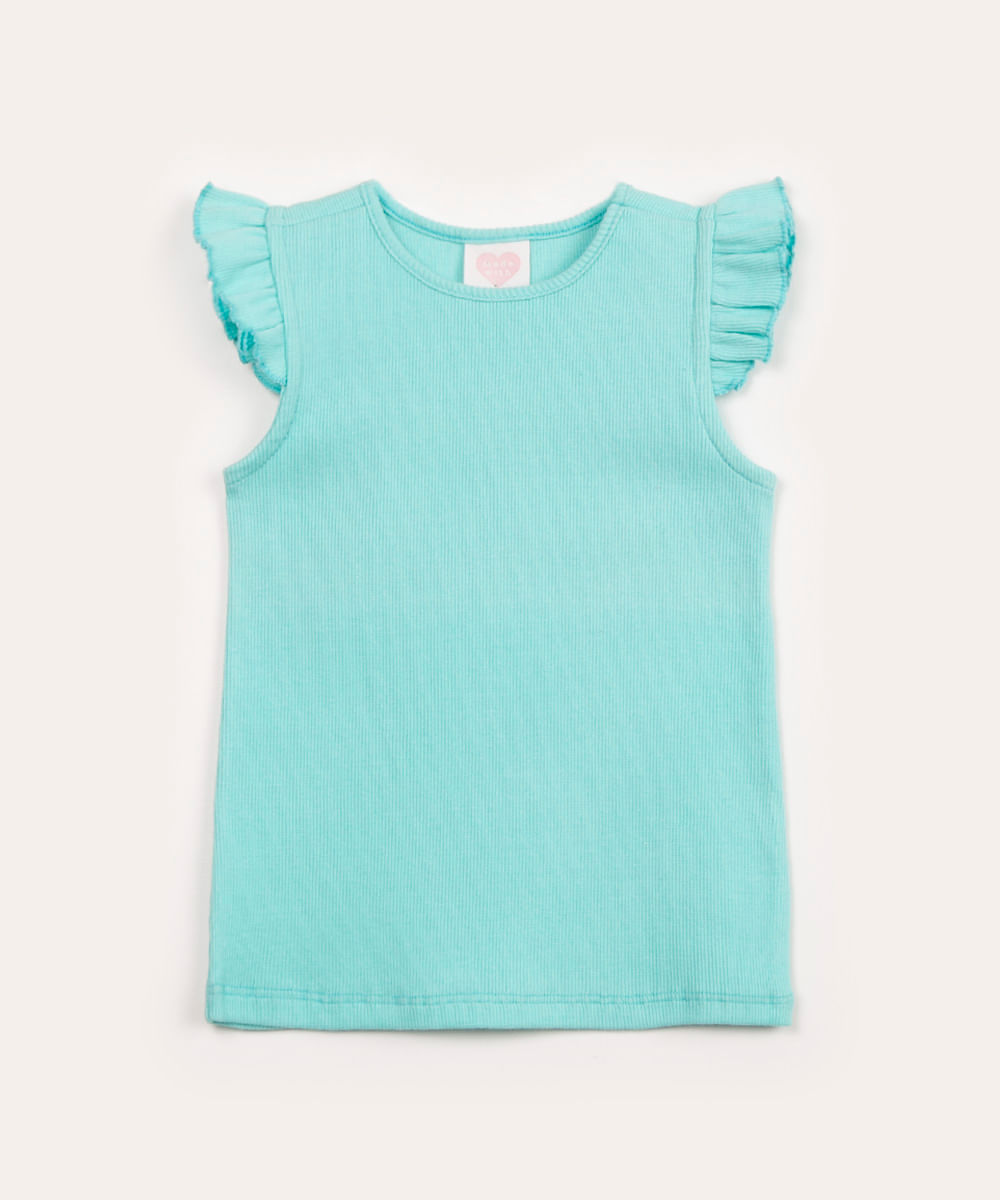 Blusa Infantil Canelada com Frufru Manga Curta Azul