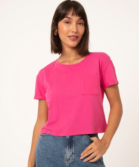 Blusa-Feminina-Basica-Cropped-com-Bolso-Manga-Curta-Decote-Redondo-Rosa-Escuro-9883461-Rosa_Escuro_1