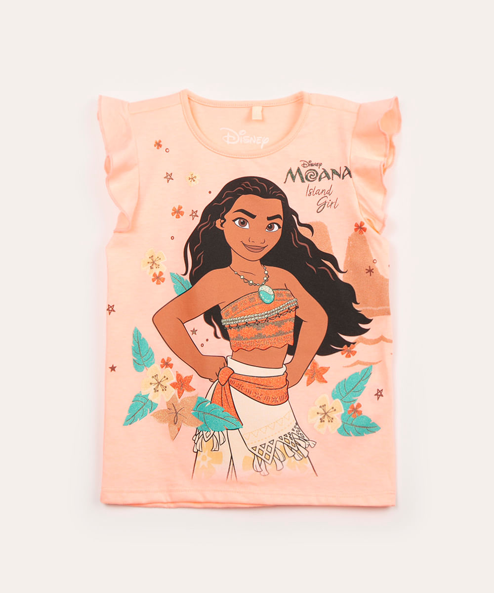 blusa infantil manga curta babados moana glitter coral