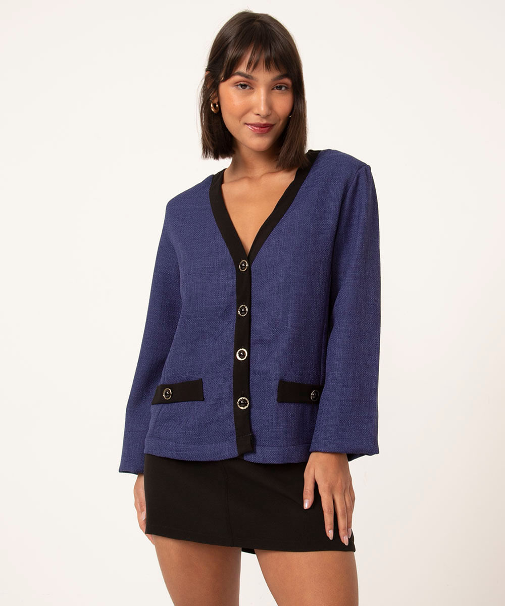 blazer bicolor manga longa botões azul