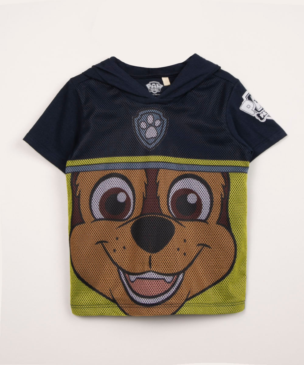 camiseta infantil manga curta com capuz chase patrulha canina azul