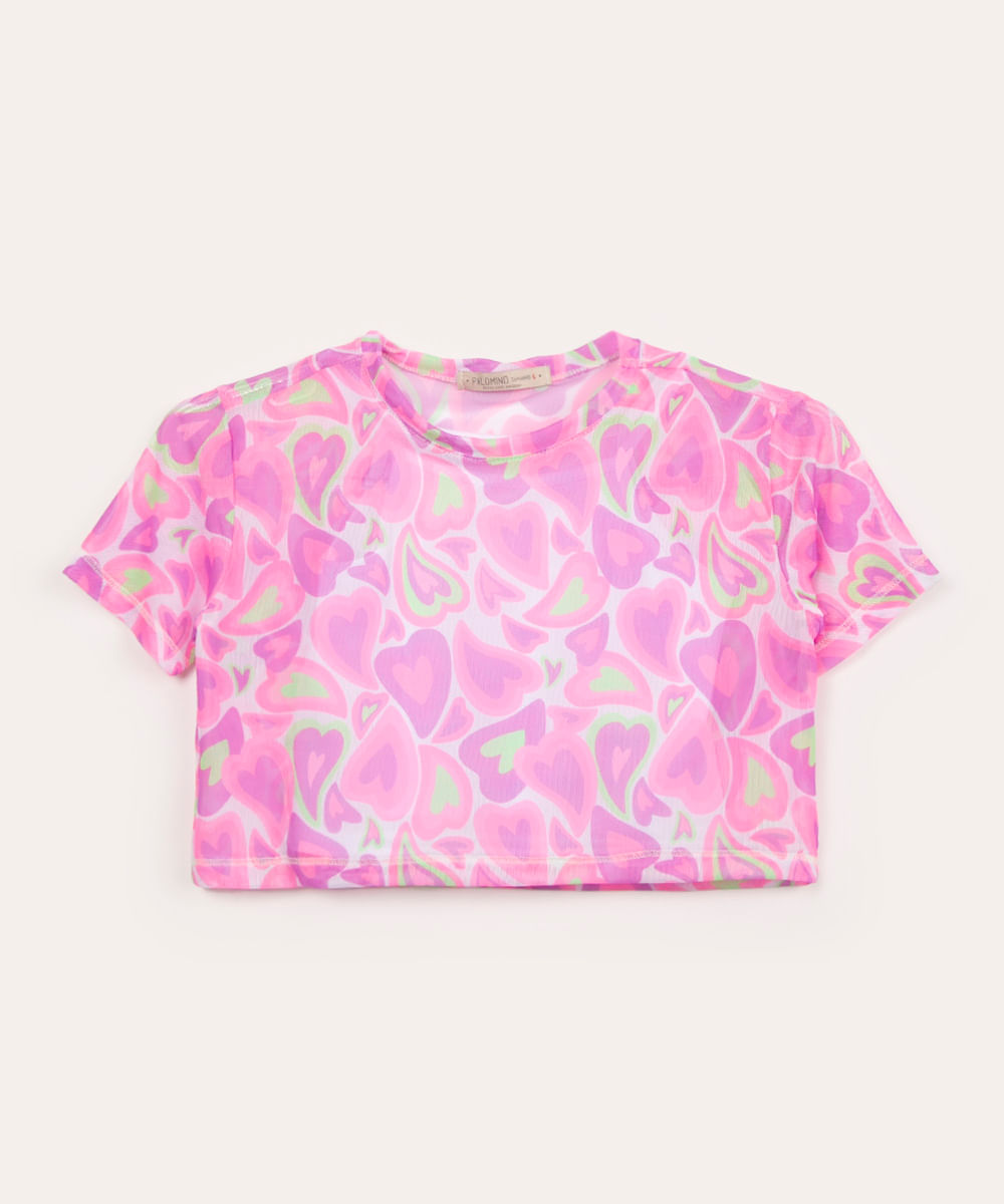 blusa infantil de tule manga curta corações multicor