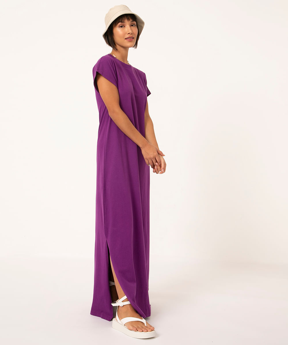 vestido longo de algodão básico manga curta com fenda roxo médio