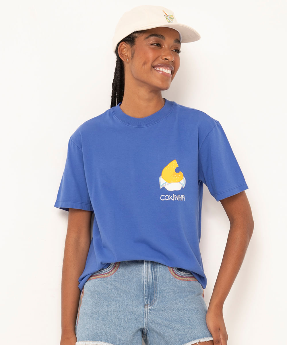 camiseta de algodão manga curta coxinha la pomponera azul