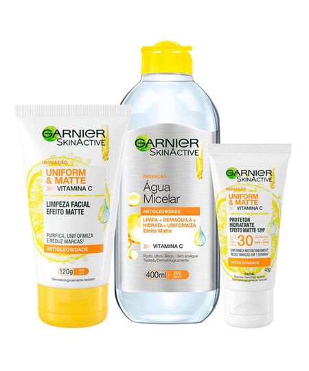Kit-Antimarcas-Garnier-Uniform---Matte-Vitamina-C---Limpeza-Facial---Agua-Micelar---Protetor-Hidratante-Unico-1038920-Unico_1 Kit-Antimarcas-Garnier-Uniform---Matte-Vitamina-C---Limpeza-Facial---Agua-Micelar---Protetor-Hidratante-Unico-1038920-Unico_1