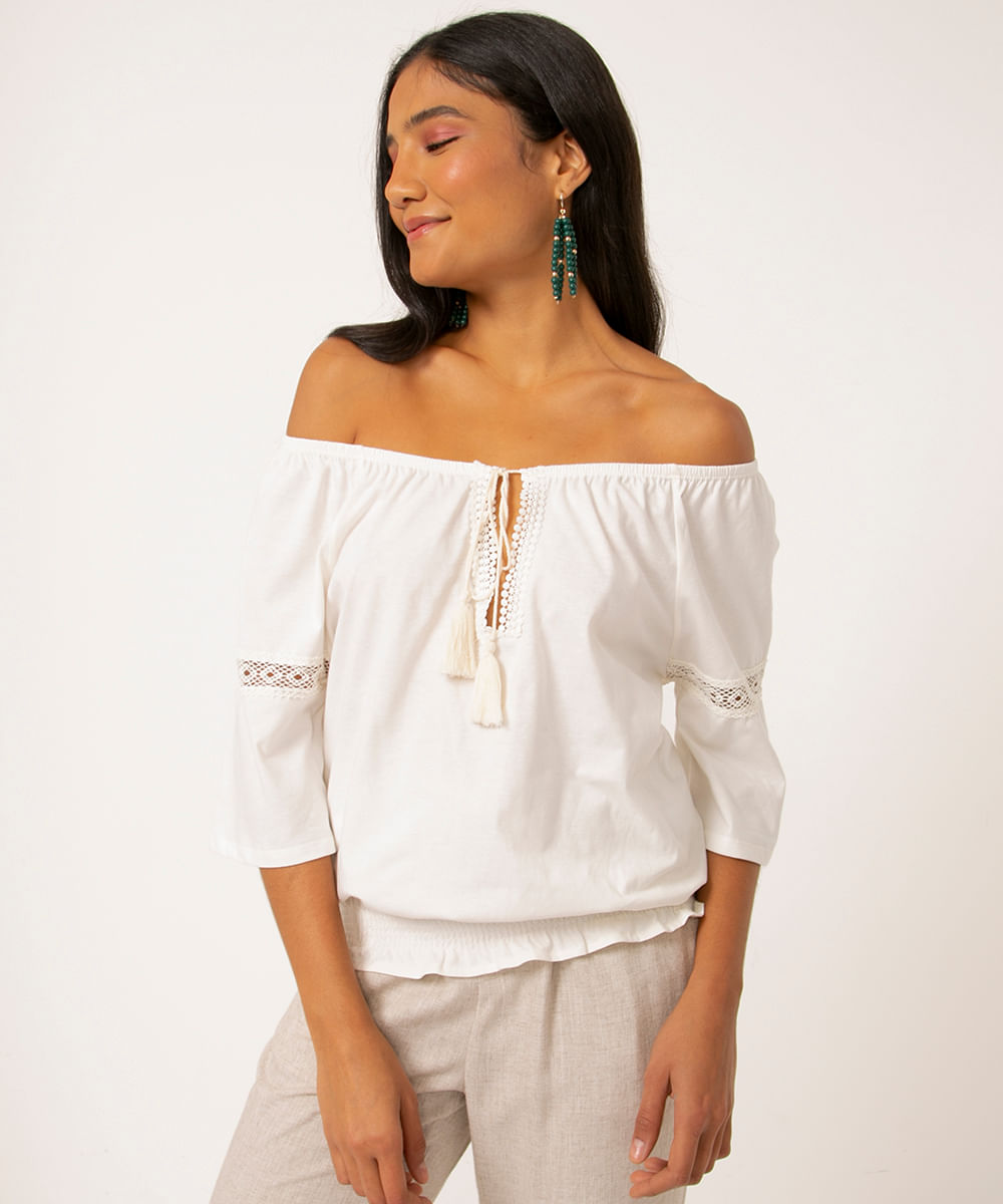 blusa manga ampla com renda off white