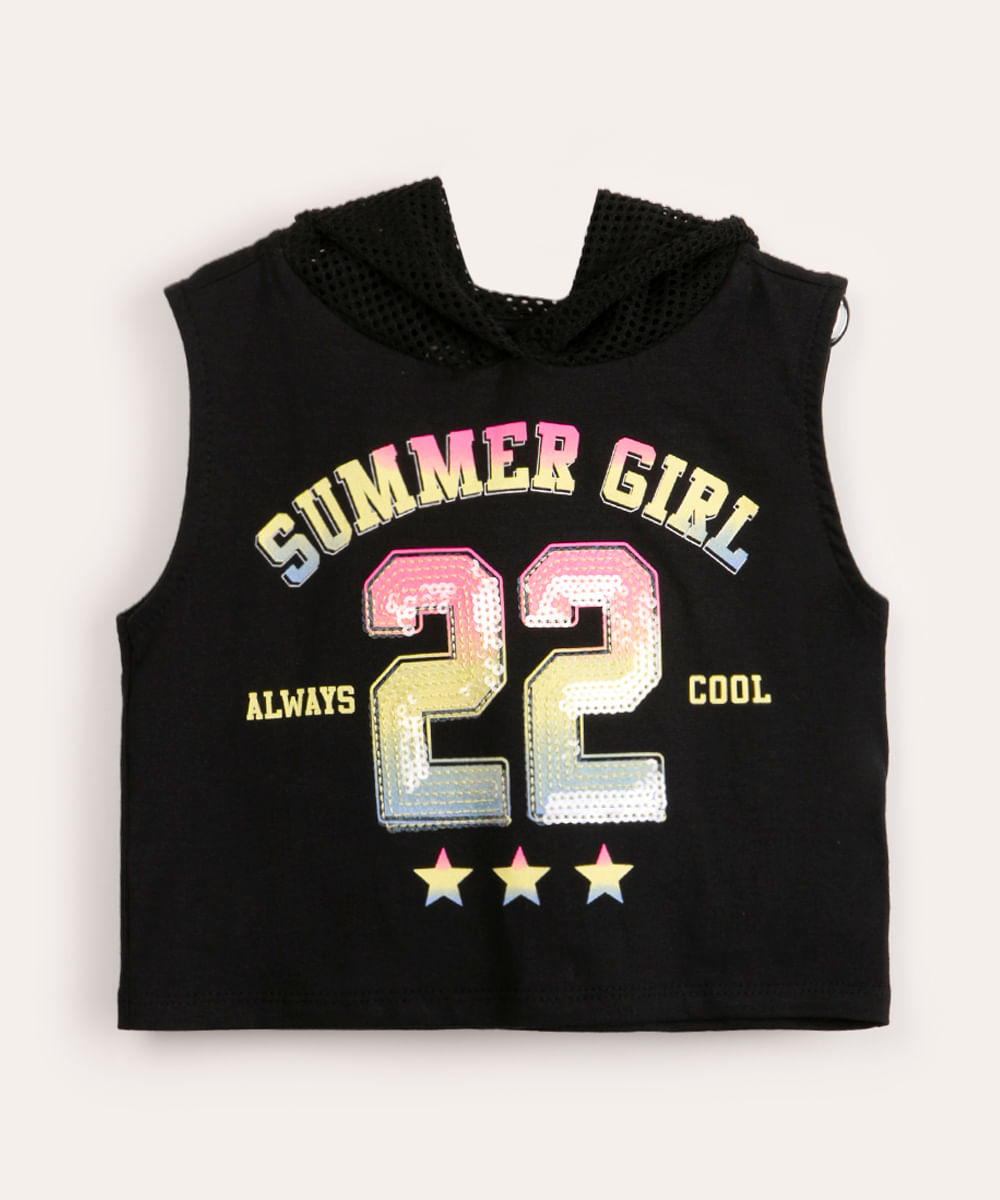 regata infantil com capuz summer girl paetê preto