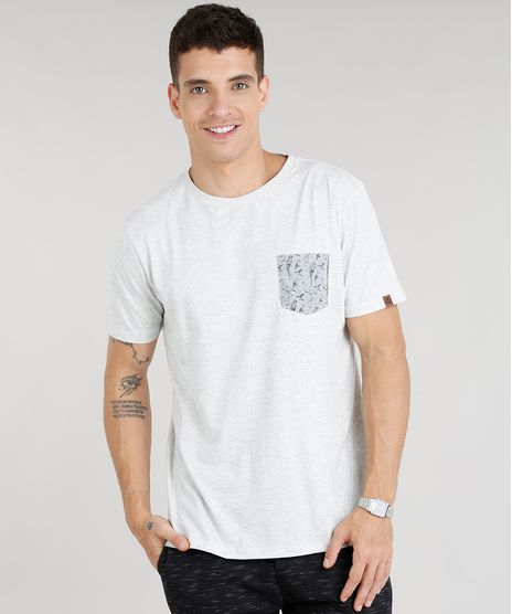 Camiseta-Masculina-com-Bolso-Estampado-de-Passaros-Manga-Curta-Gola-Careca-Cinza-Mescla-Claro-9304002-Cinza_Mescla_Claro_1