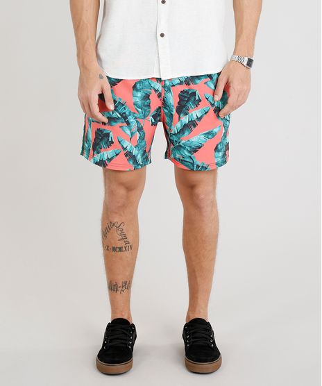 Short-Masculino-Estampado-de-Folhagens-com-Cordao-e-Faixa-Lateral-Coral-9308696-Coral_1