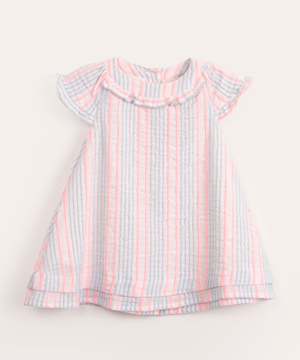 vestido infantil listrado manga curta off white