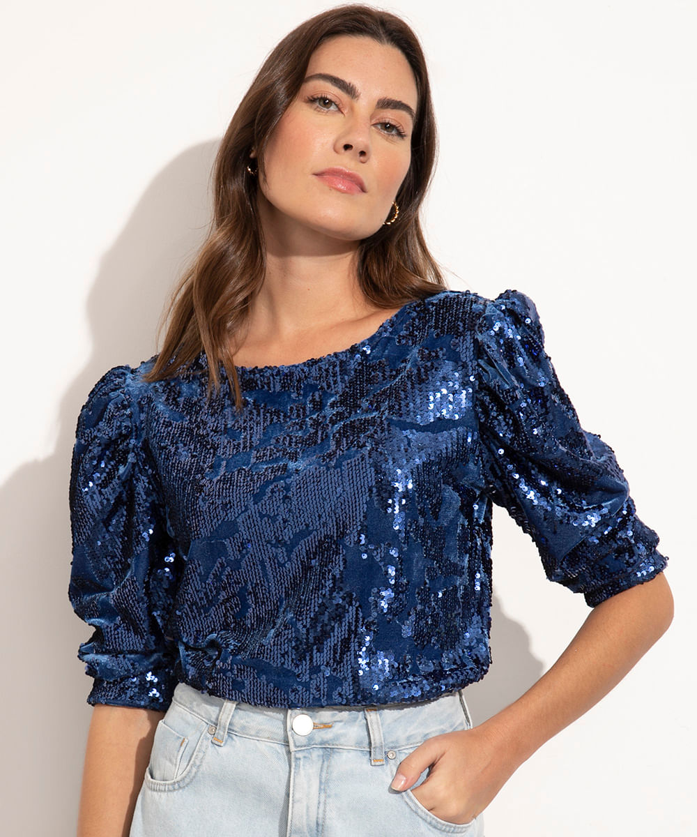 blusa manga curta de veludo com paetê mindset azul