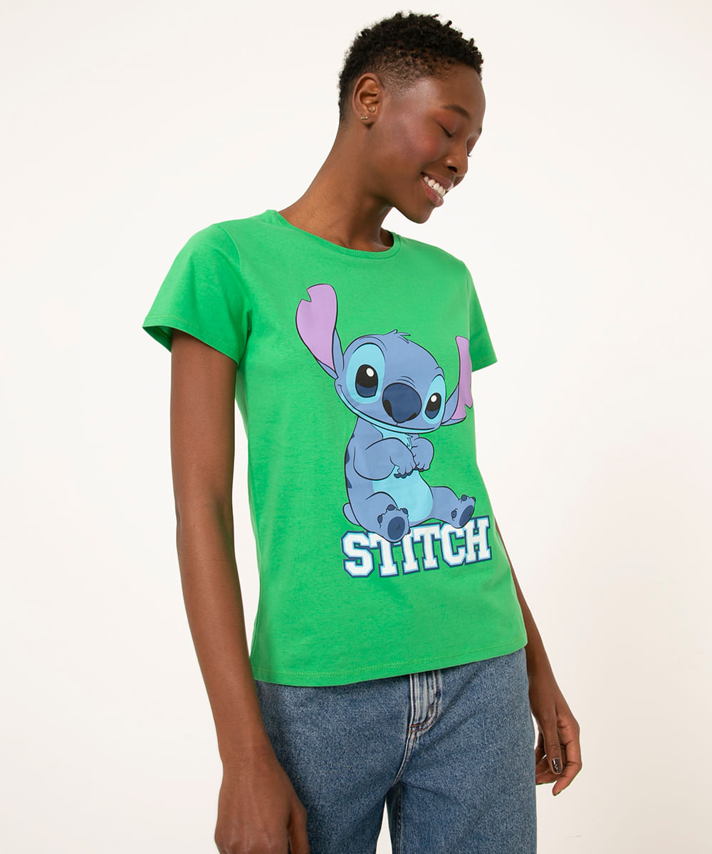 camiseta de algodão manga curta stitch verde