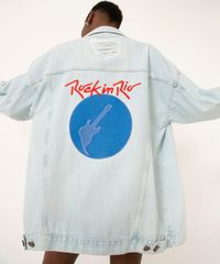 jaqueta jeans trucker com bordado rock in rio azul claro jaqueta jeans trucker com bordado rock in rio azul claro