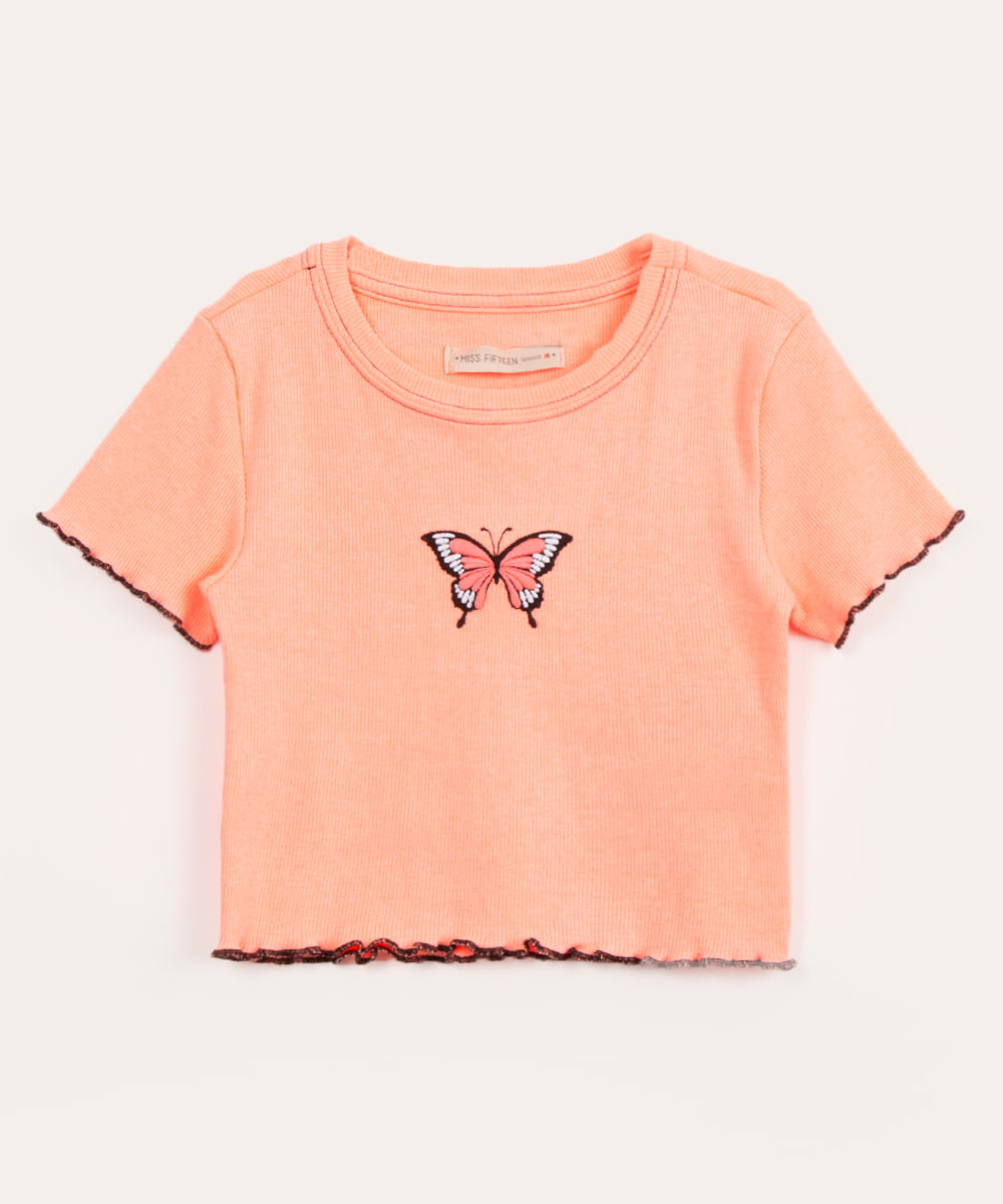 blusa juvenil cropped canelada manga curta borboleta coral