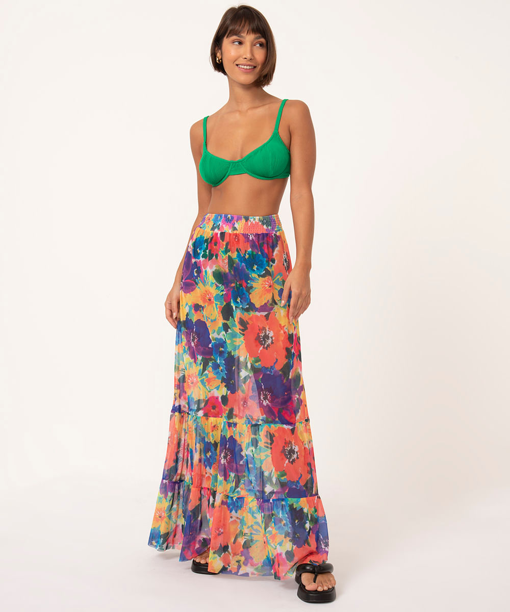 saia longa de tule floral multicor