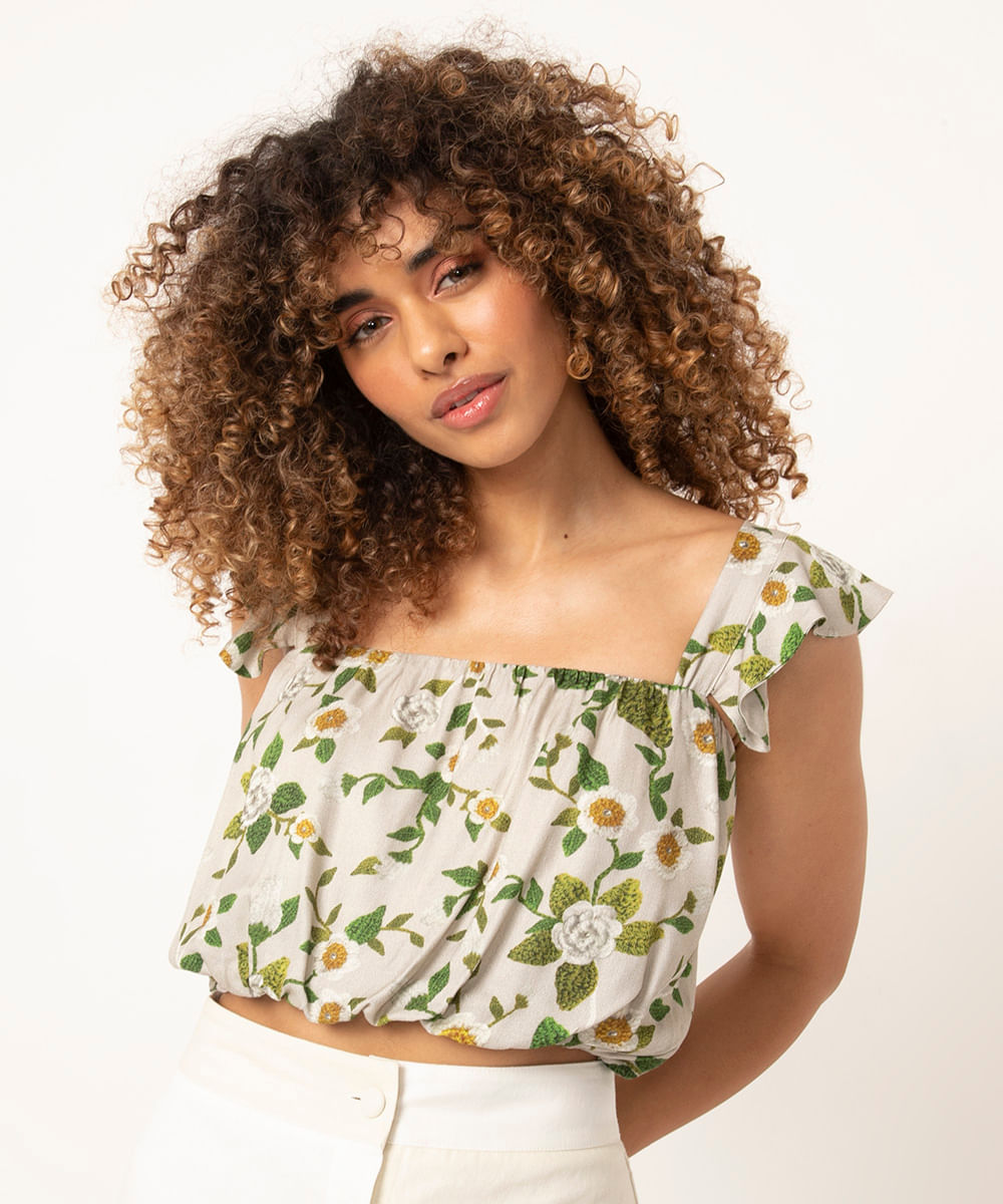 blusa cropped babados floral kf branding off white