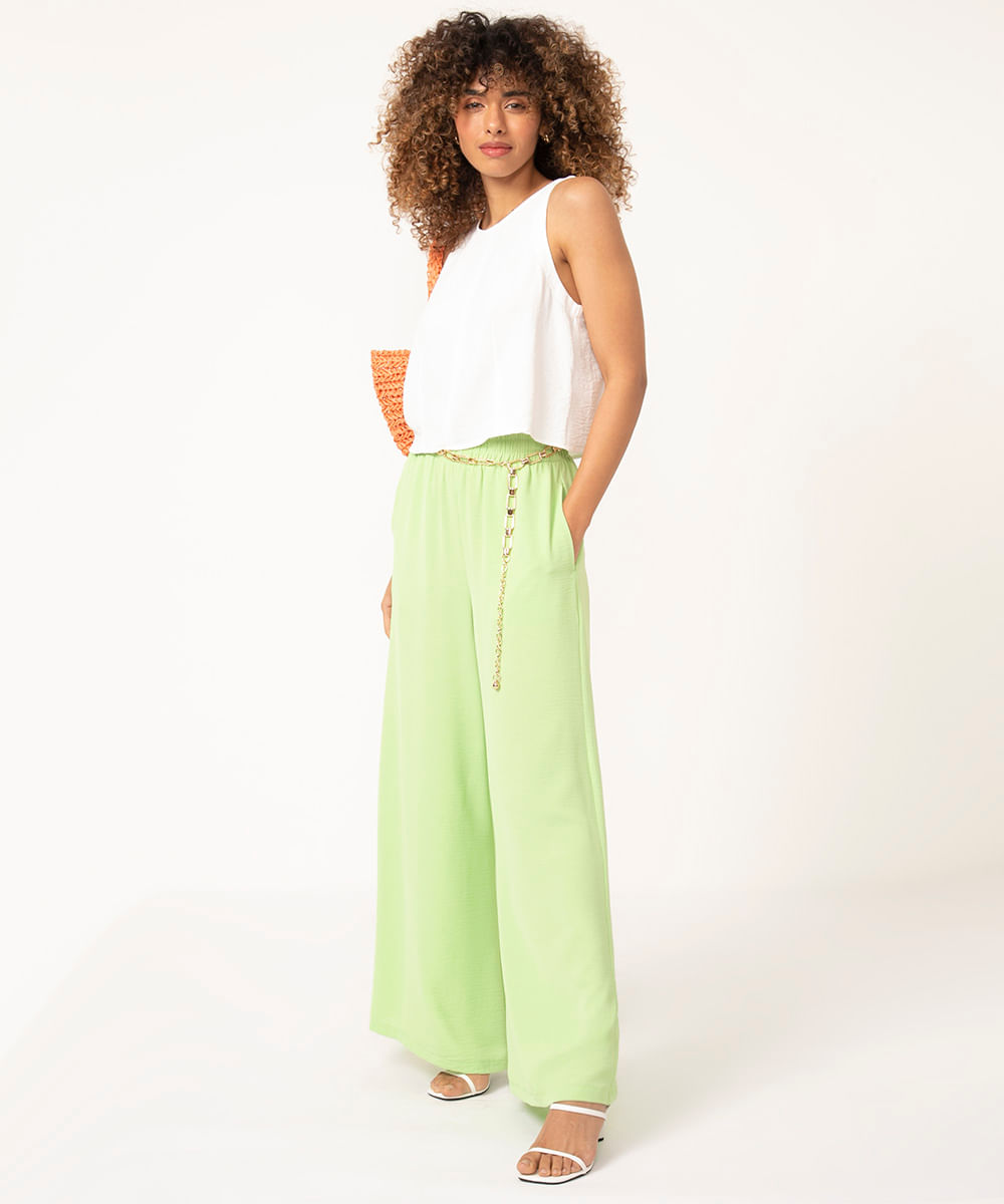 calça wide leg cintura alta com elástico verde