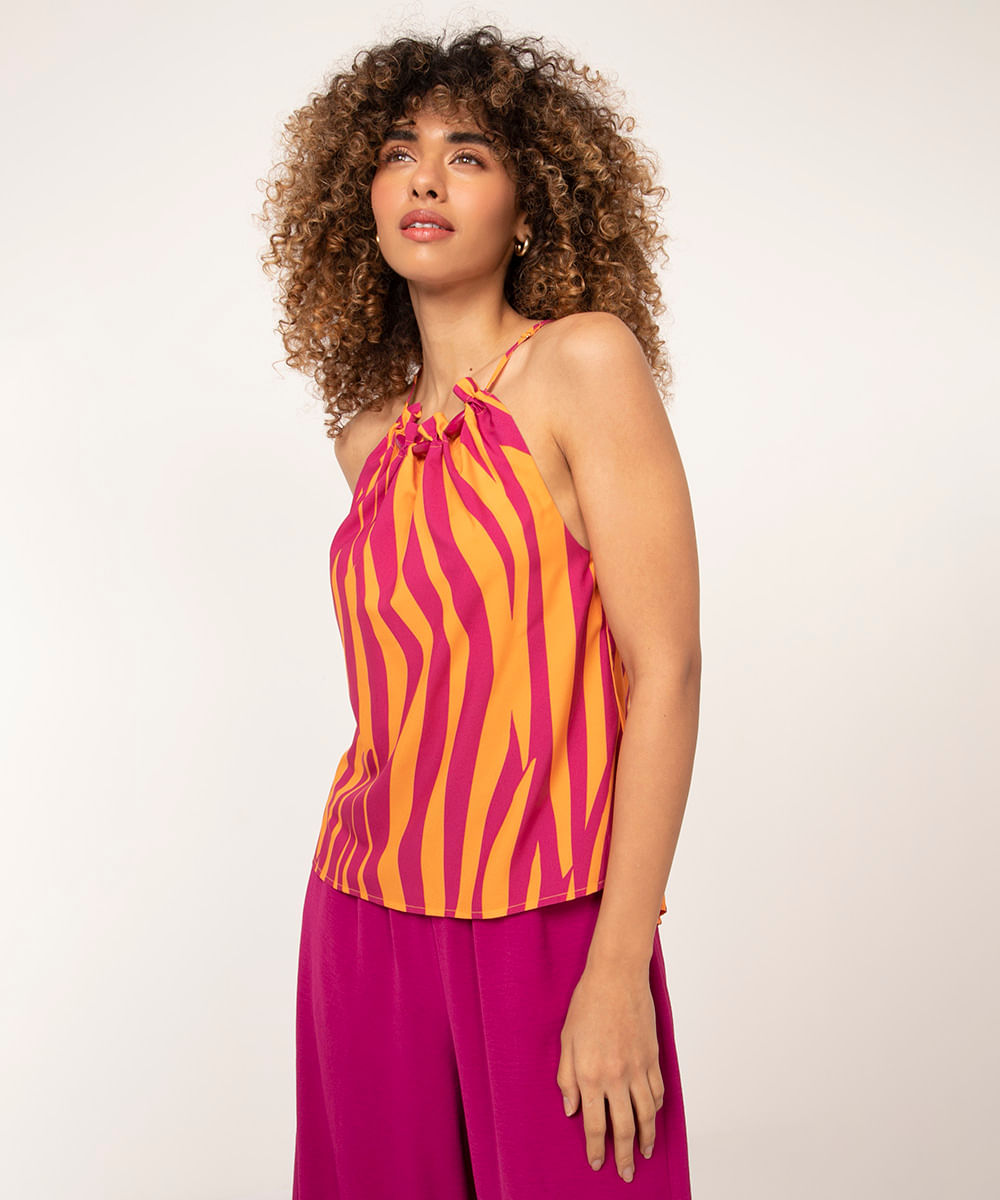 regata halter neck animal print alça fina laranja médio