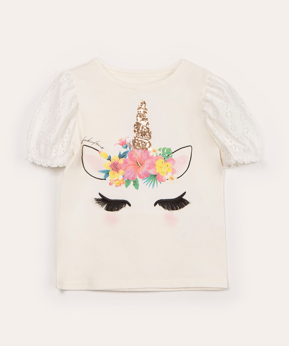 blusa infantil manga curta unicórnio com paetê off white