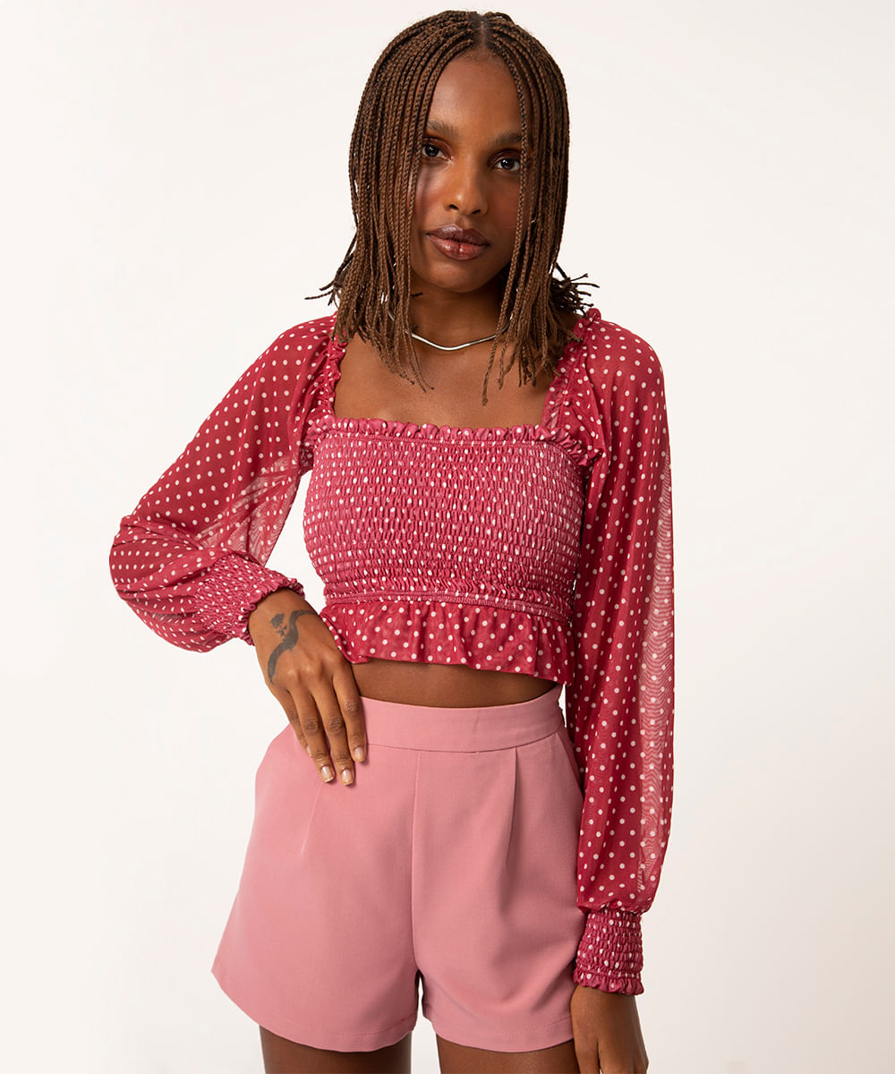 blusa de tule poá cropped manga bufante vermelho