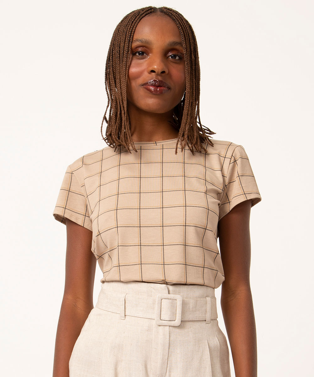 blusa de viscose manga curta quadriculada botões bege