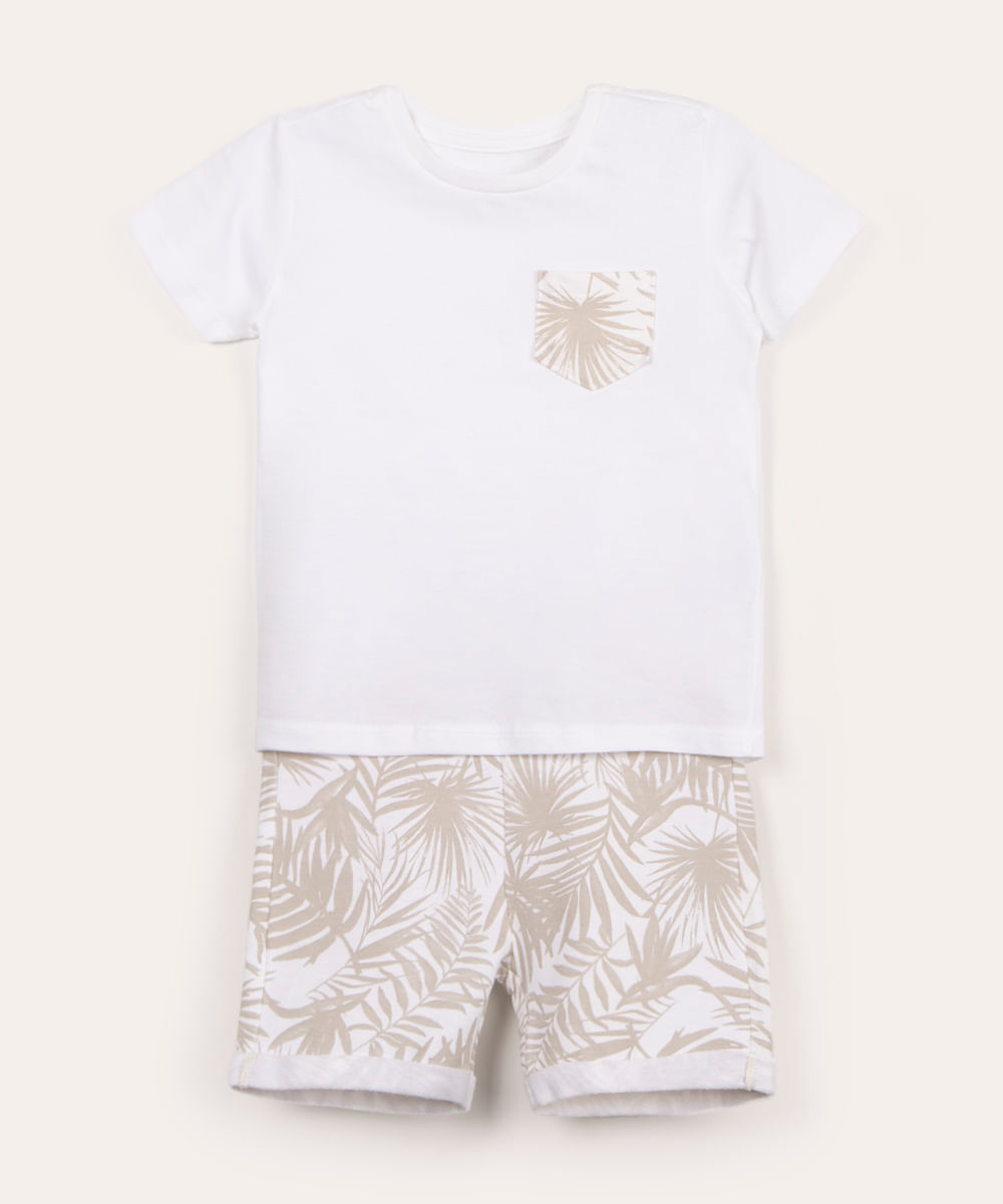 conjunto infantil camiseta manga curta folhagem e bermuda off white