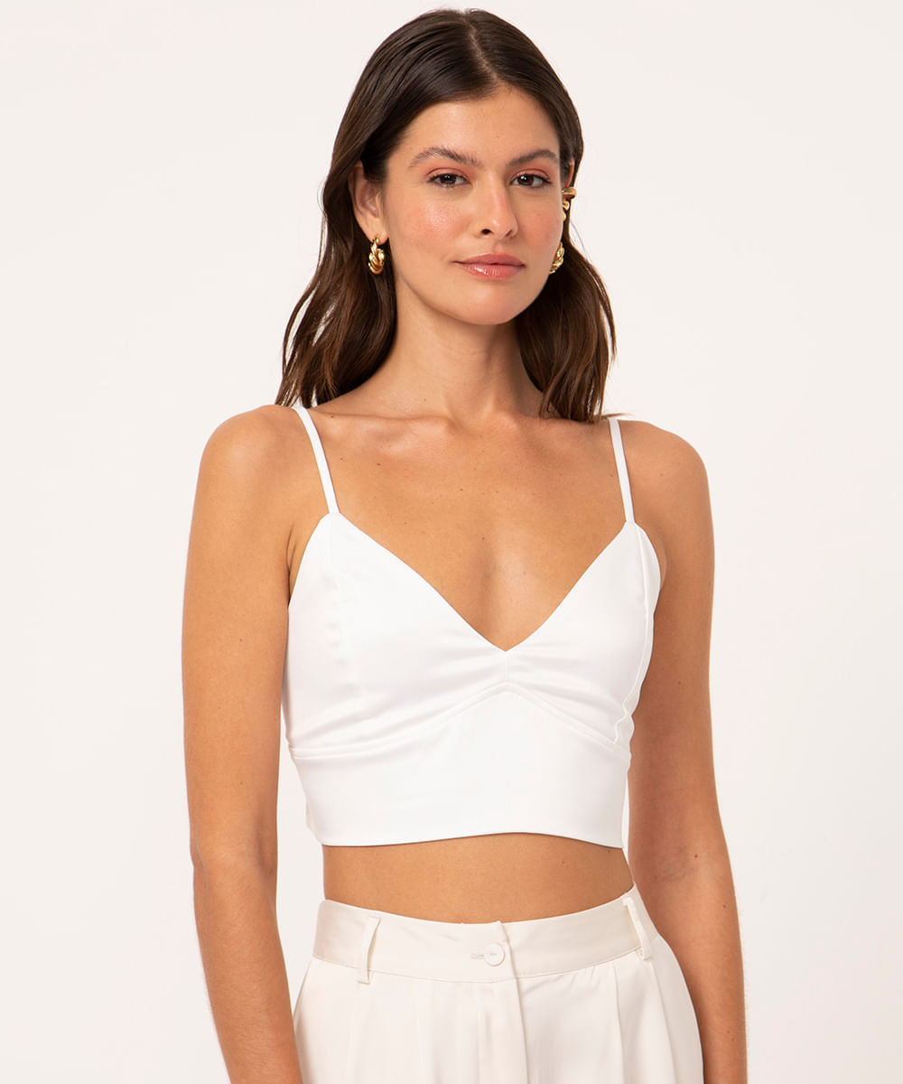 top cropped acetinado alça fina off white