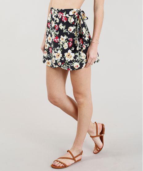Saia-Envelope-Feminina-Estampada-Floral-com-Amarracao-Curta-Preta-9318934-Preto_1