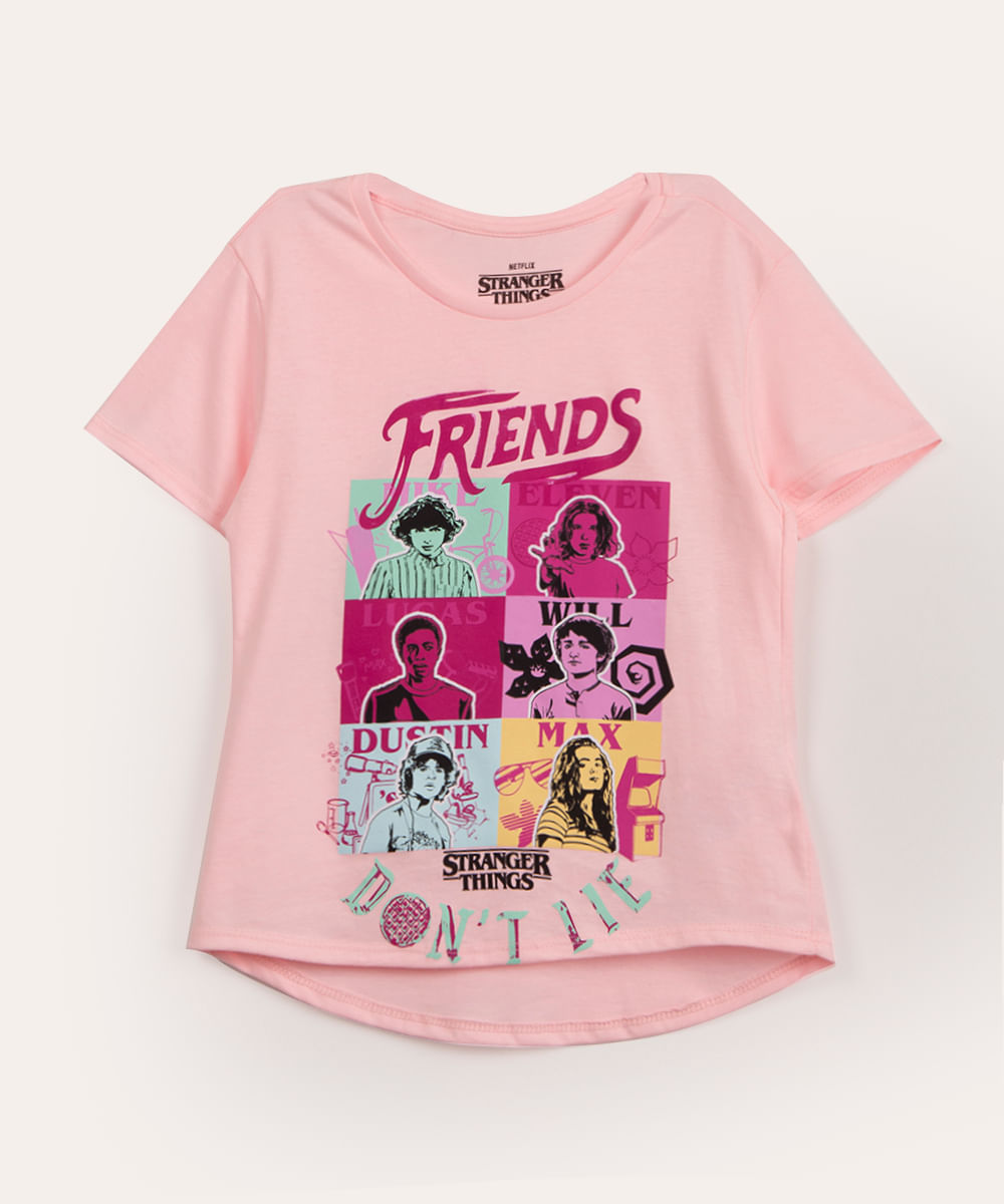 blusa infantil manga curta stranger things rosa claro