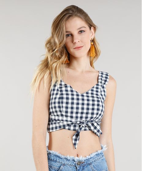 Top-Cropped-Feminino-Estampado-Xadrez-com-No-Decote-V-Azul-Marinho-9185965-Azul_Marinho_1