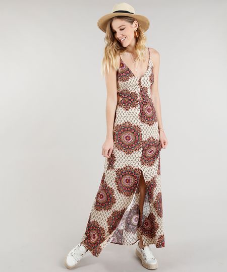 Vestido-Feminino-Longo-Estampado-de-Mandala-com-Fenda-Alcas-Finas-Decote-V-Bege-9185679-Bege_1