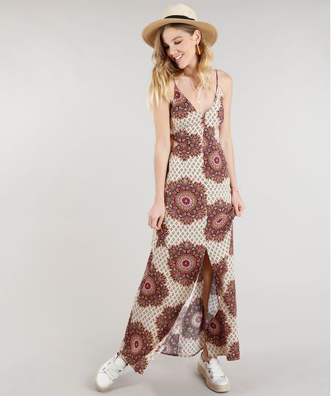 Vestido-Feminino-Longo-Estampado-de-Mandala-com-Fenda-Alcas-Finas-Decote-V-Bege-9185679-Bege_1