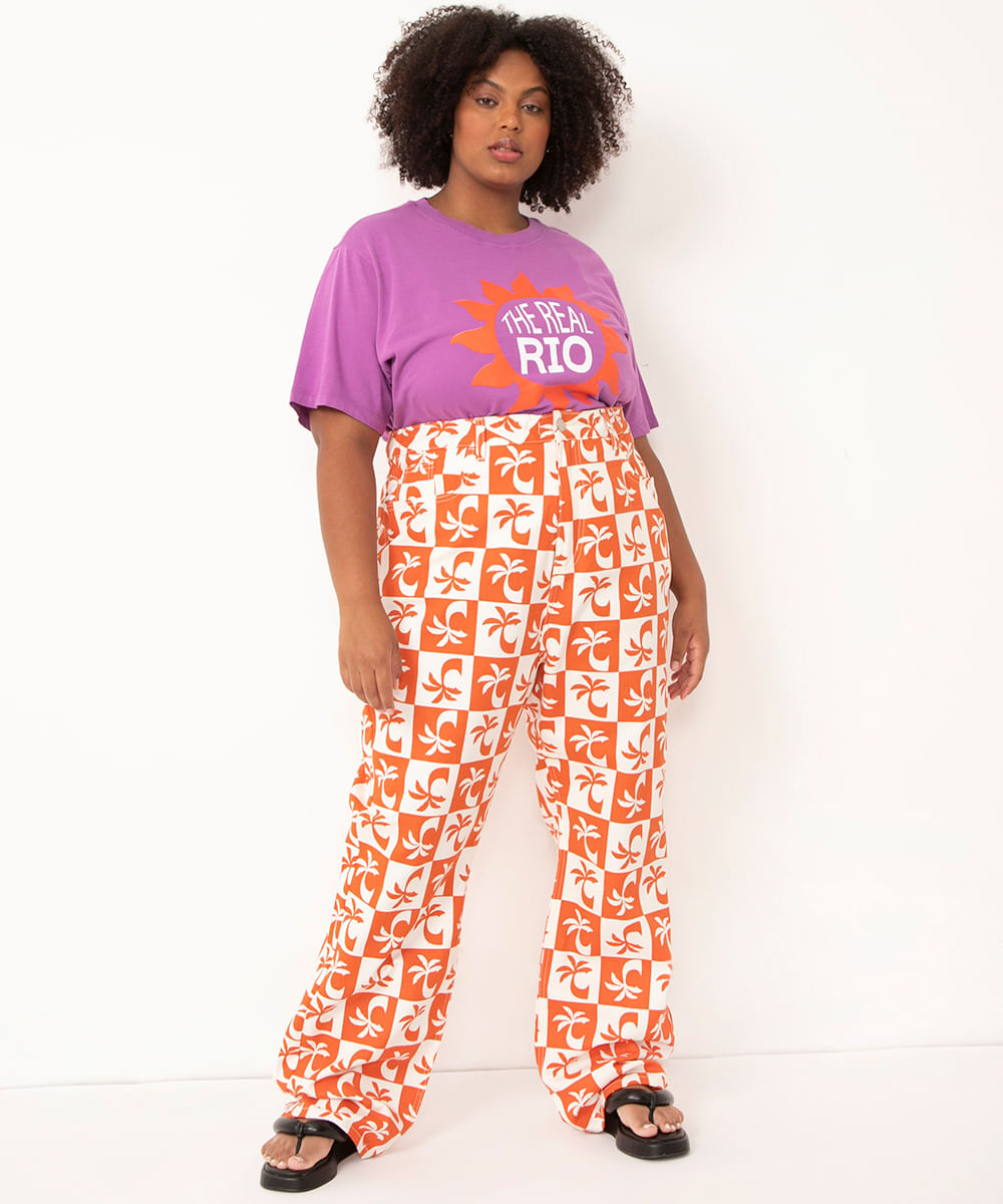 calça plus size de sarja cintura super alta orla cosmo laranja