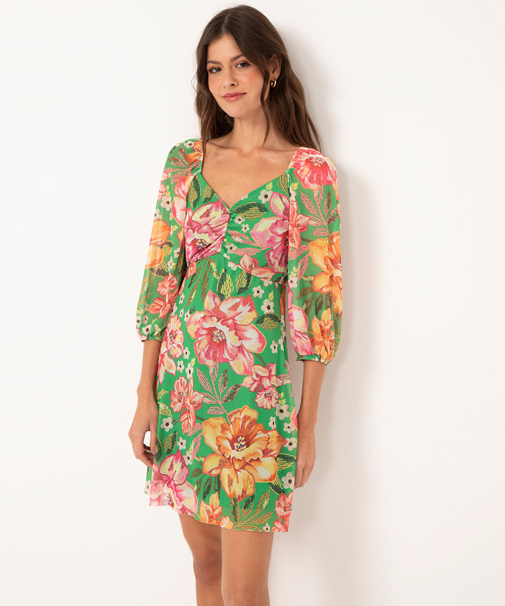 vestido de tule curto manga bufante floral verde