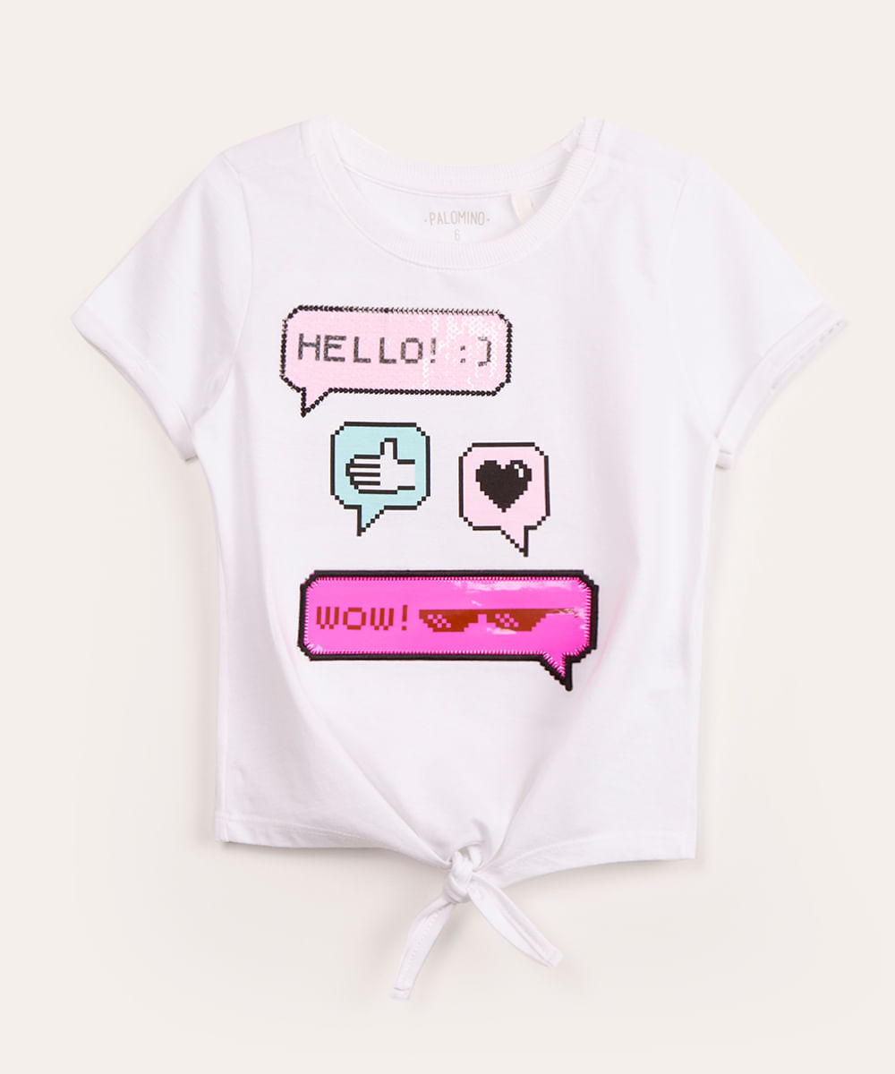 blusa infantil de algodão emoji paetê amarração off white