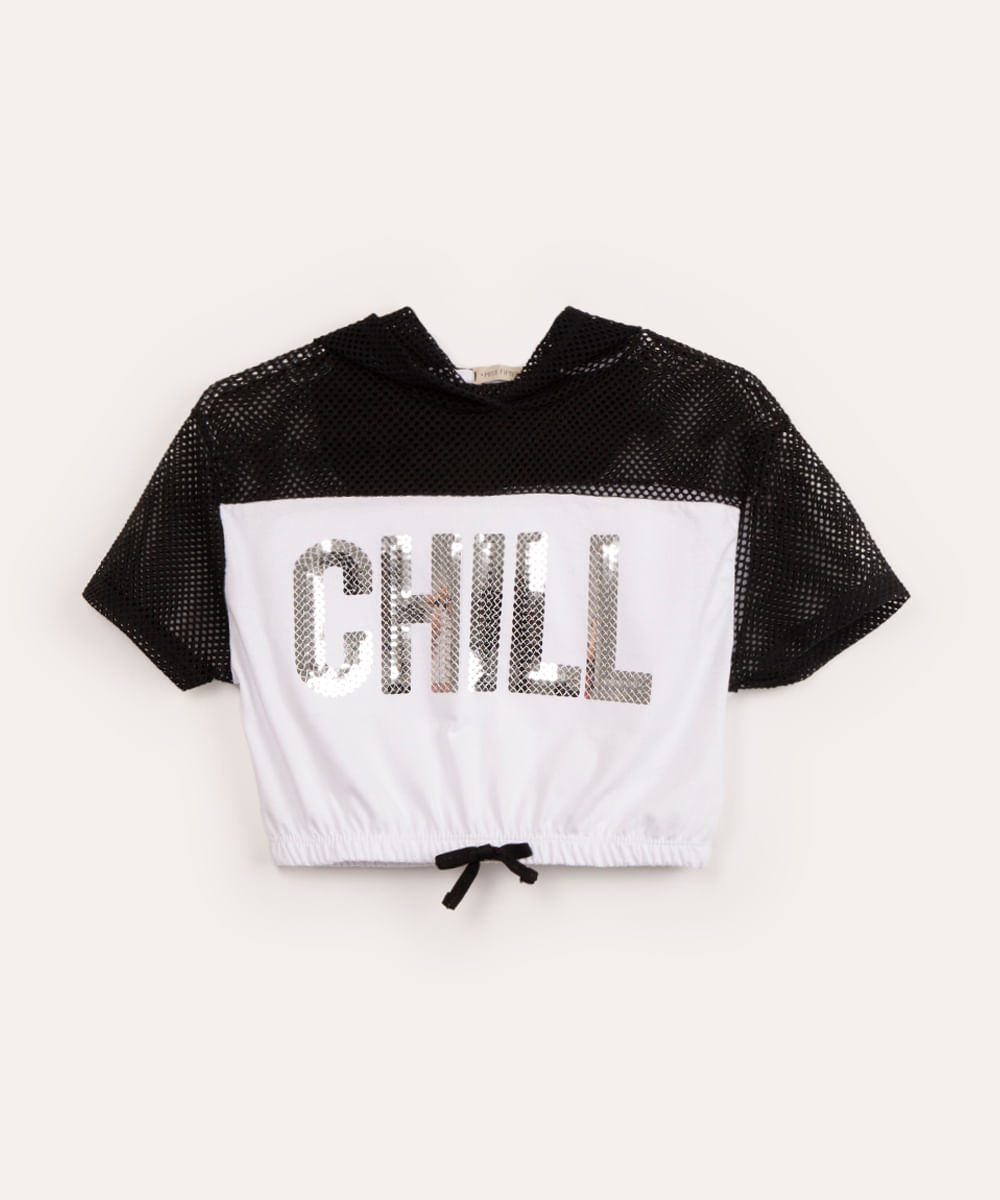 blusa juvenil com capuz chill paetê off white