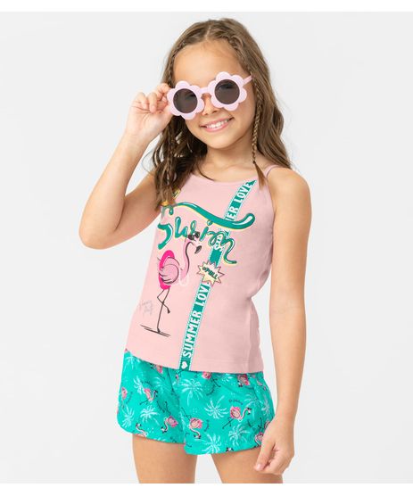 Conjunto Infantil Shorts Xadrez Vermelho e Ciganinha Rosinhas