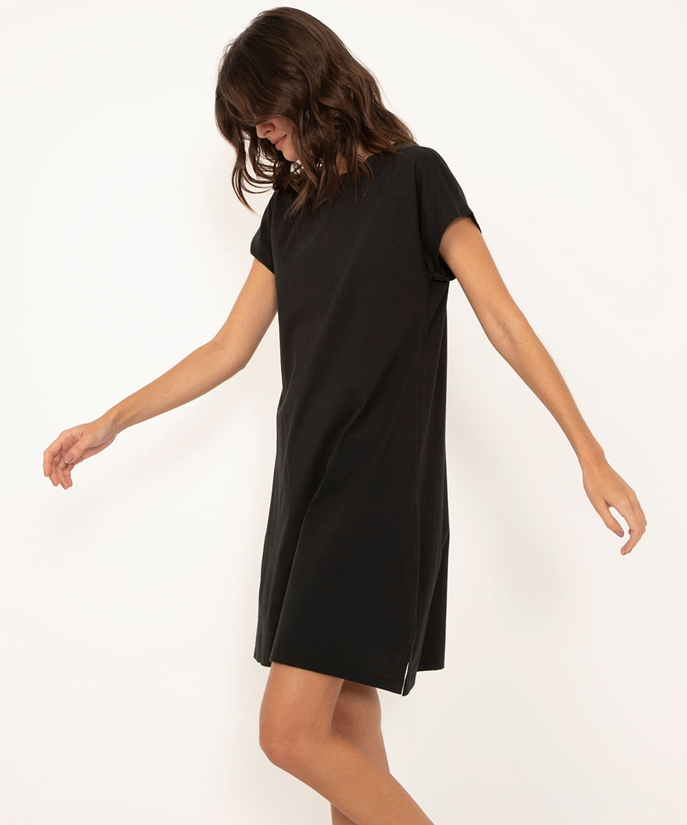vestido curto básico manga curta areia - preto