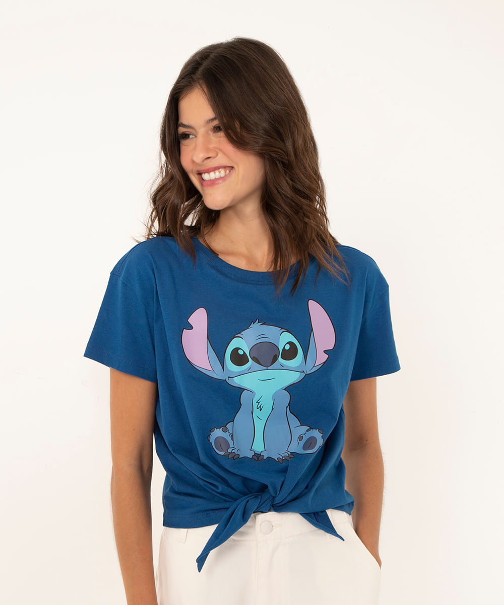 camiseta manga curta com nó stitch azul