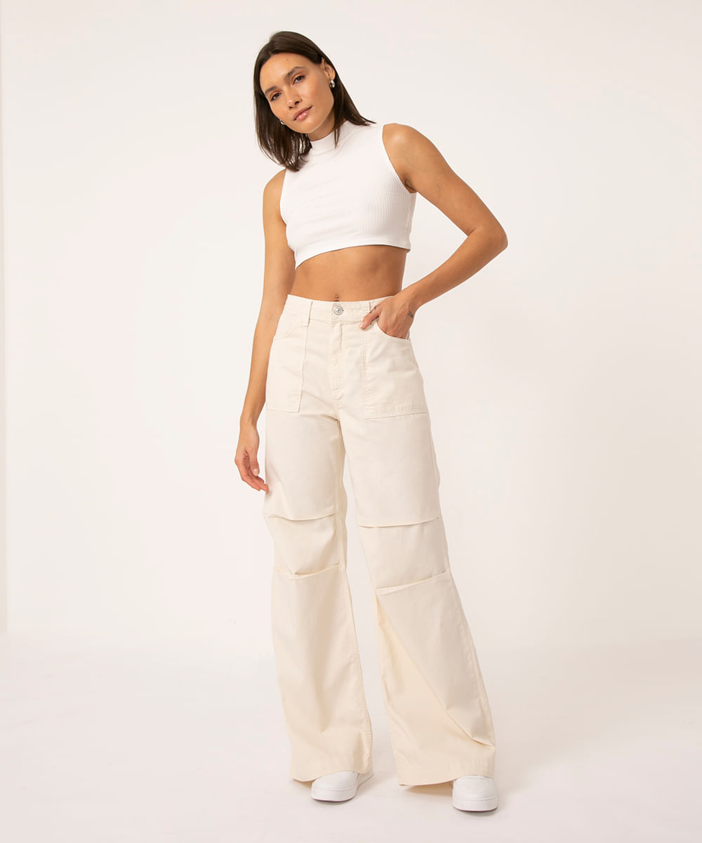 calça de sarja wide leg cintura alta bege claro