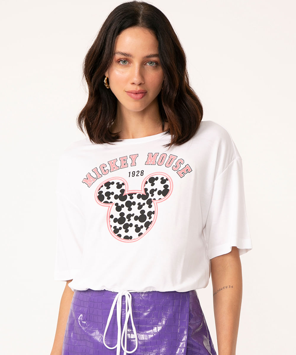 camiseta de viscose cropped mickey mouse com amarração off white