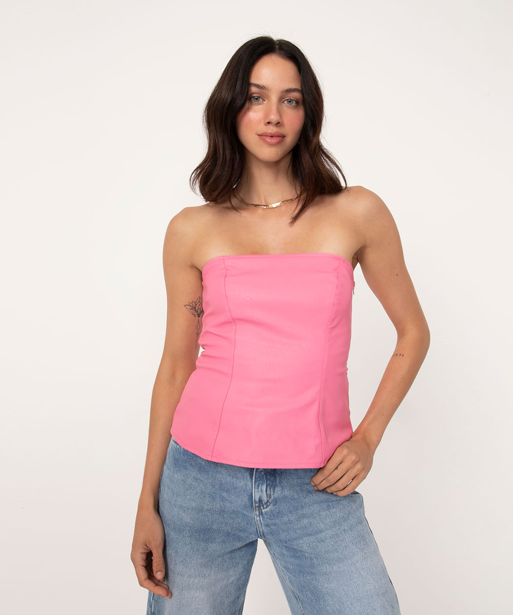top corset de pu sem alça pink claro