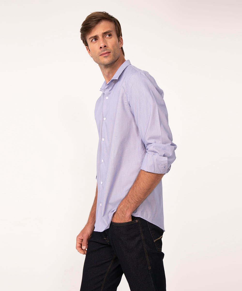 camisa comfort listrada manga longa azul escuro