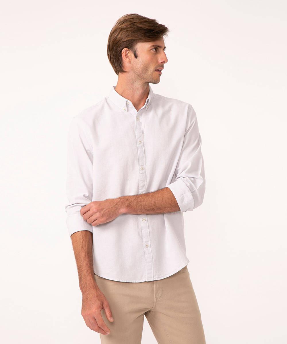 camisa comfort oxford manga longa - cinza claro