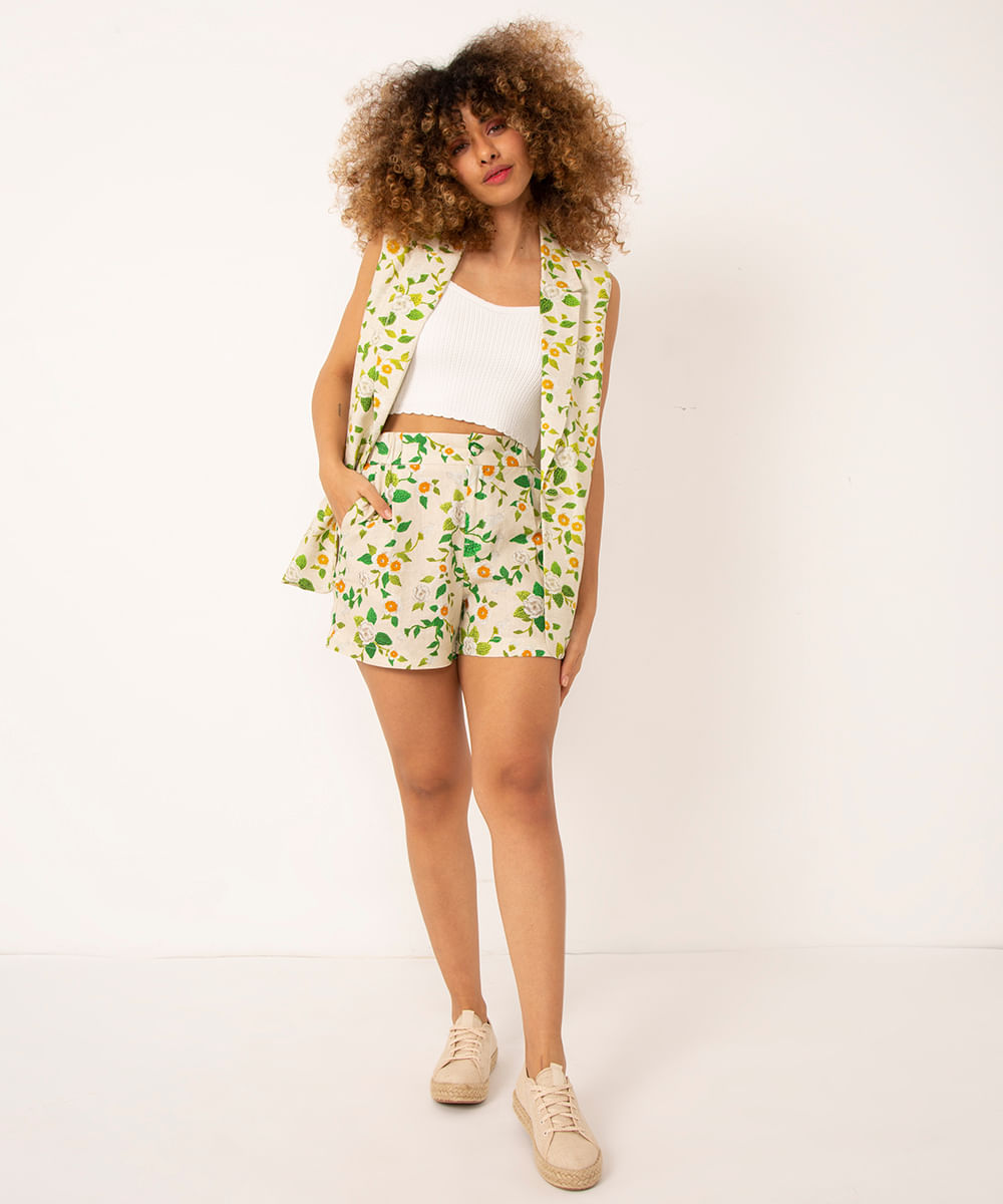 short alfaiataria floral cintura alta kf branding off white