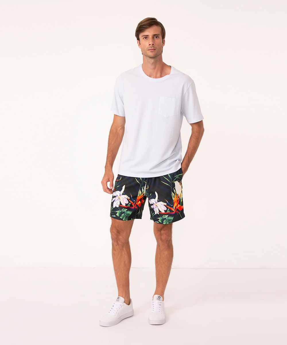 short surf floral com cordão azul marinho