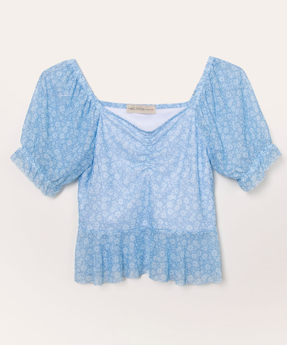 blusa juvenil de tule floral manga bufante azul