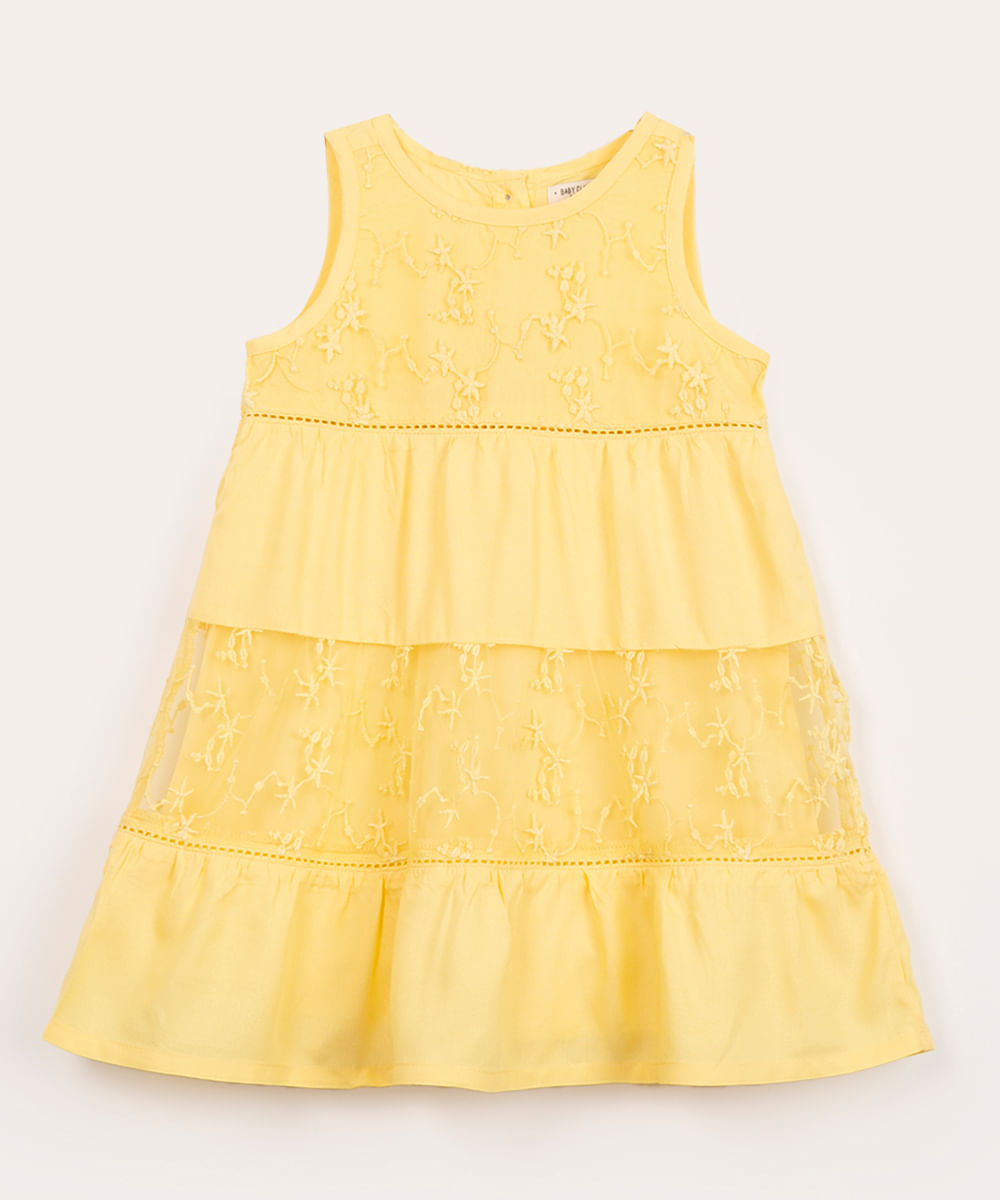 vestido infantil de viscose recorte com renda amarelo