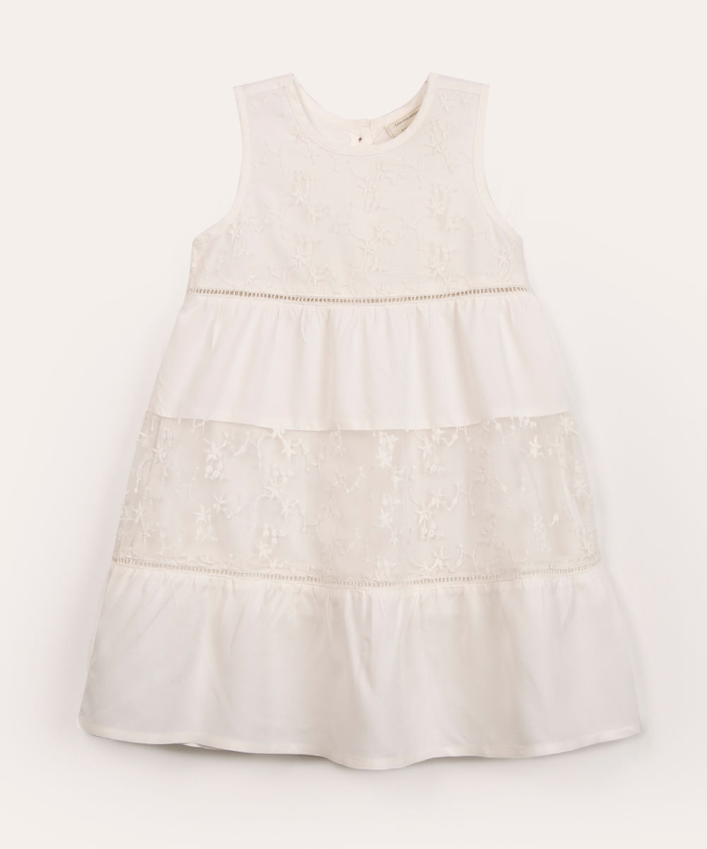 vestido infantil de viscose recorte com renda off white