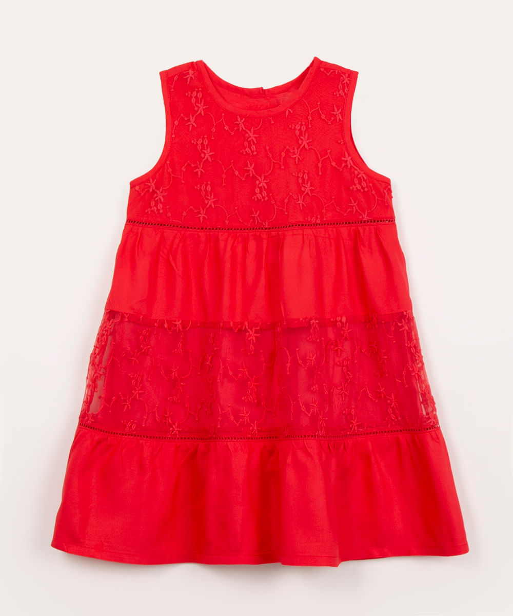 vestido infantil de viscose recorte com renda vermelho